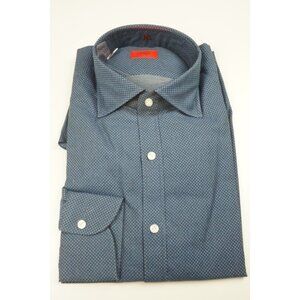 Isaia Napoli Sapphire Blue Polkadot Long Sleeve Cotton Dress Shirt 15.5/39 NEW